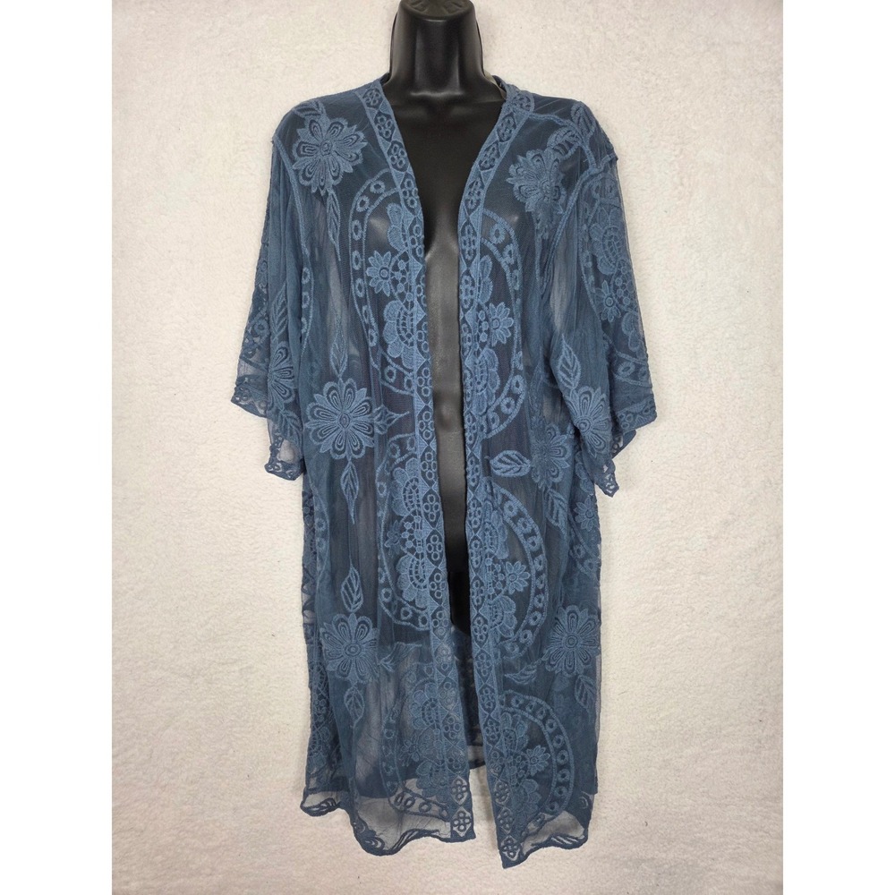 Womens Embroidered Floral Lace Sheer Mesh Open Front Longline Cardigan L-XL Blue